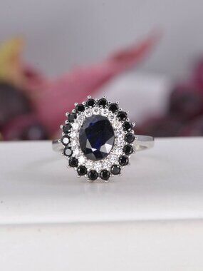 Natural Blue Sapphire Halo Ring 925 Sterling Silve Size 7